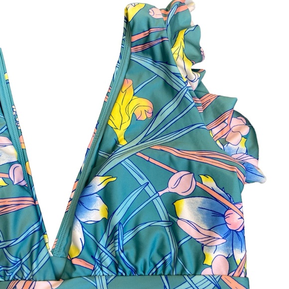 ModCloth The Kelsie Ruffle Blue Floral Plunge Neck One Piece Swimsuit Sz L - Picture 5 of 16